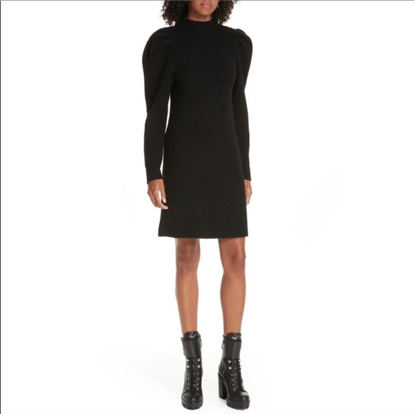 NWT Sandro Androsace Ribbed Wool Puff Sleeve Sweater Dress In Black - Picture 2 of 6
